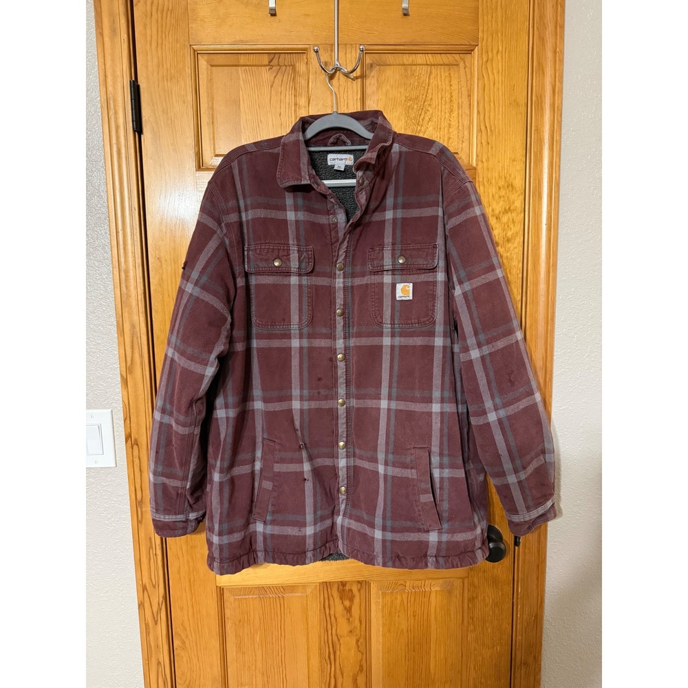 Carhartt Men's 2XL Tall Distressed Plaid Sherpa Lined Work Shirt Jacket Burgundy